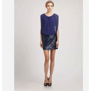 Aidan Mattox Blouson Mini Dress with Sequin Skirt Navy Blue Stretch Size 10